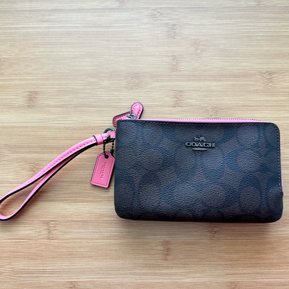 NEW Coach Double Zip Wristlet Brown & Pink